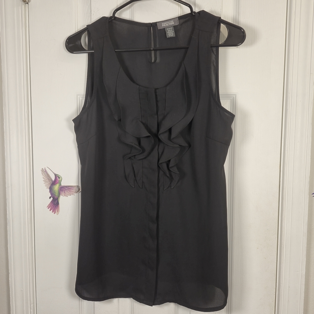 Kenneth Cole Reaction Black Ruffle Sleeveless Blouse Chiffon Top M